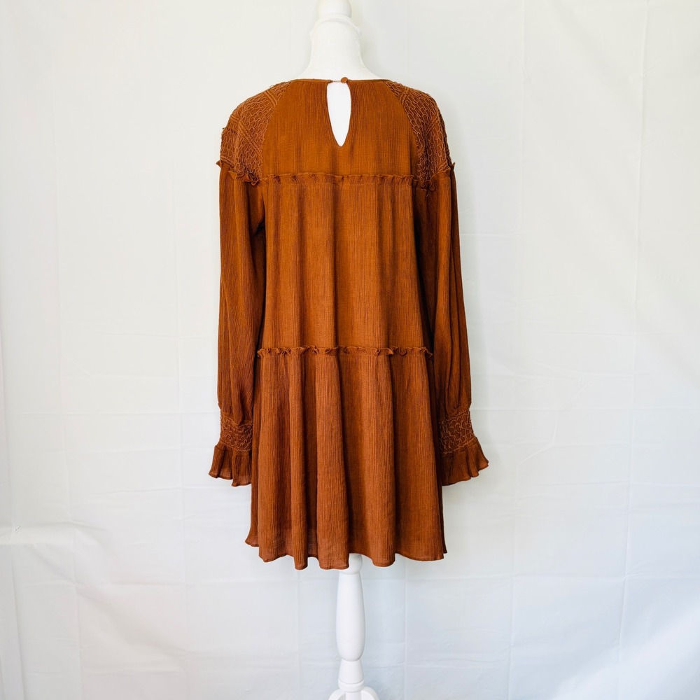 Moon River Dress Smocked Babydoll Ruffle Boho Cottagecore Rust Brown Medium - Picture 5 of 15
